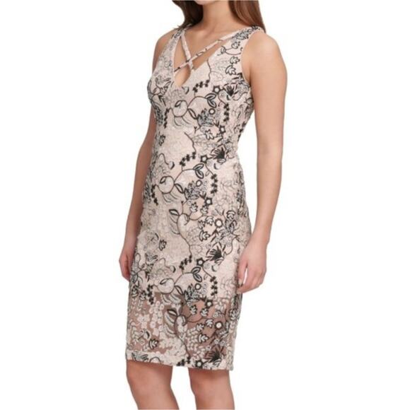 Marciano beige floral embroidered sequined lace sheath dress size 4 - Picture 1 of 12